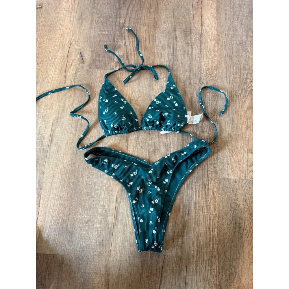 Hollister Swim Teal Floral Ribbed Triangle Bikini Set High Cut V Front Small